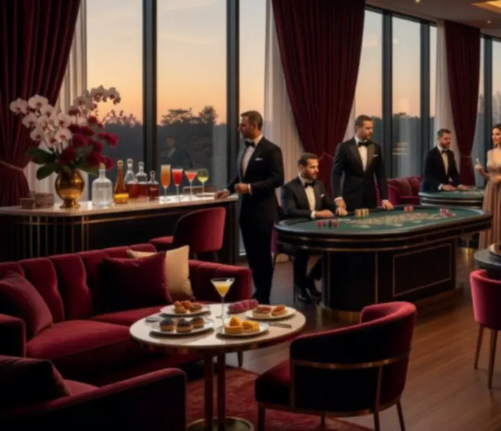 Cinematiczny wieczór eventowy z eleganckimi stołami do gry, gośćmi w wieczorowych kreacjach i nastrojowym oświetleniem