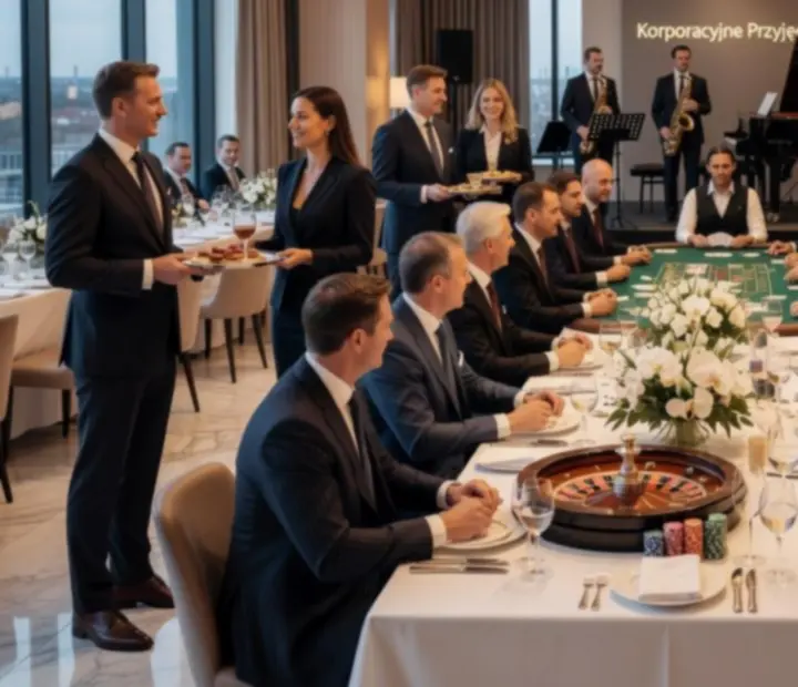 Elegancki bankiet firmowy z mobilnymi stołami do ruletki i pokera w nowoczesnym wnętrzu