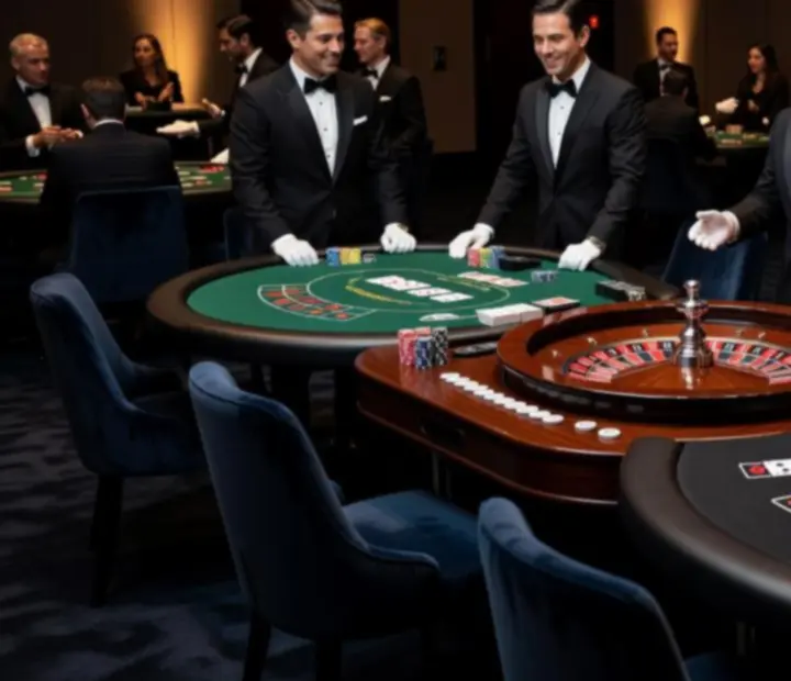Wyjątkowa aranżacja eventu z eleganckimi stołami do pokera, ruletki i blackjacka oświetlonymi nastrojowym światłem