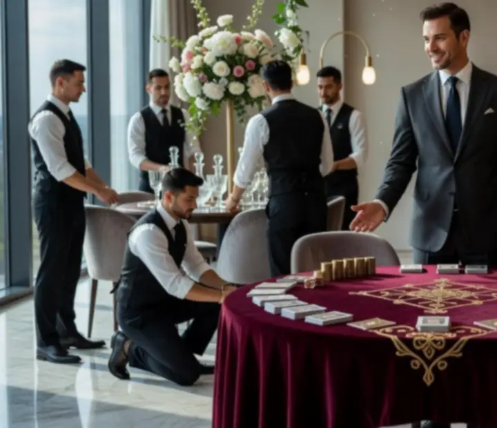 Koordynator eventu i gospodarze przygotowują elegancką dekorację oraz stoły w stylu kasyna przed rozpoczęciem wieczoru