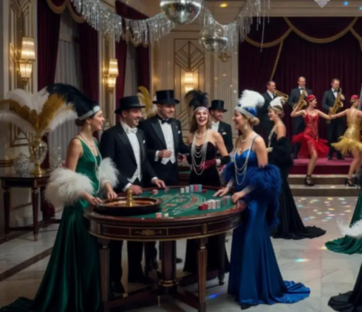 Impreza tematyczna w stylu kasynowym z elegancką scenografią i gośćmi