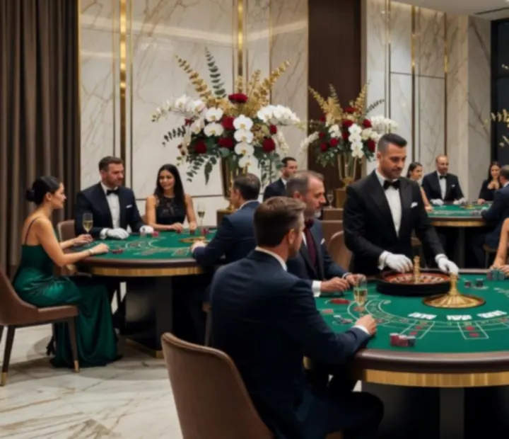 Luksusowa aranżacja mobilnego eventu kasynowego bez hazardu z eleganckimi stołami i gośćmi