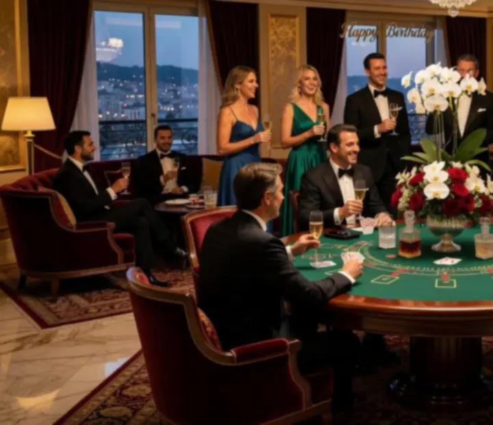 Urodzinowy wieczór w stylu Monte Carlo z eleganckim stołem do blackjacka, kryształowymi dekoracjami i kwiatami