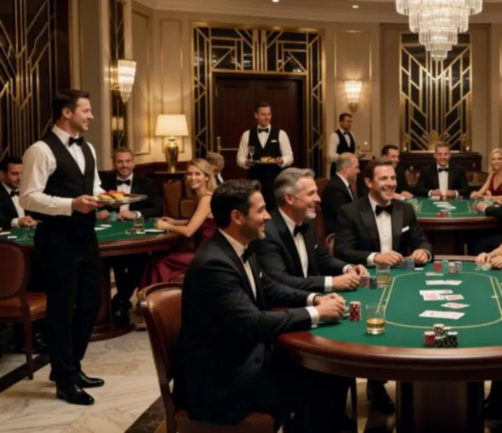 Luksusowy wieczór pokerowy z profesjonalnymi stołami i eleganckimi gośćmi