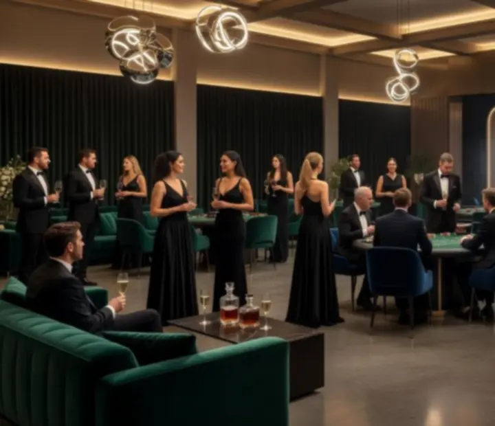 Ekskluzywna gala VIP z designerskim oświetleniem, sceną i stołami do gry jako główną atrakcją