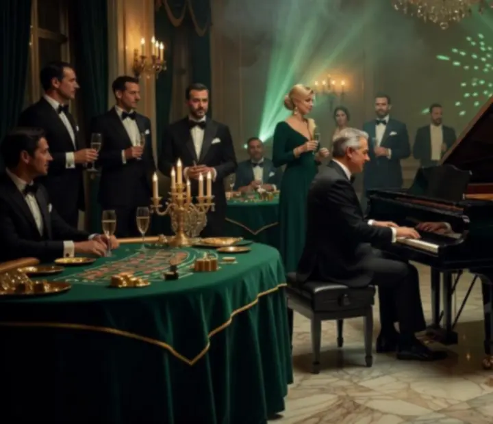 Stylowy wieczór tematyczny Monte Carlo z elegancką scenografią i kasynowymi stołami